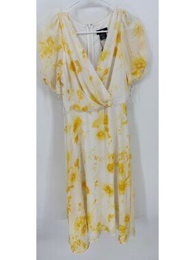 DKNY Women's Yellow Floral Print Chiffon Midi Fit & Flare Dress